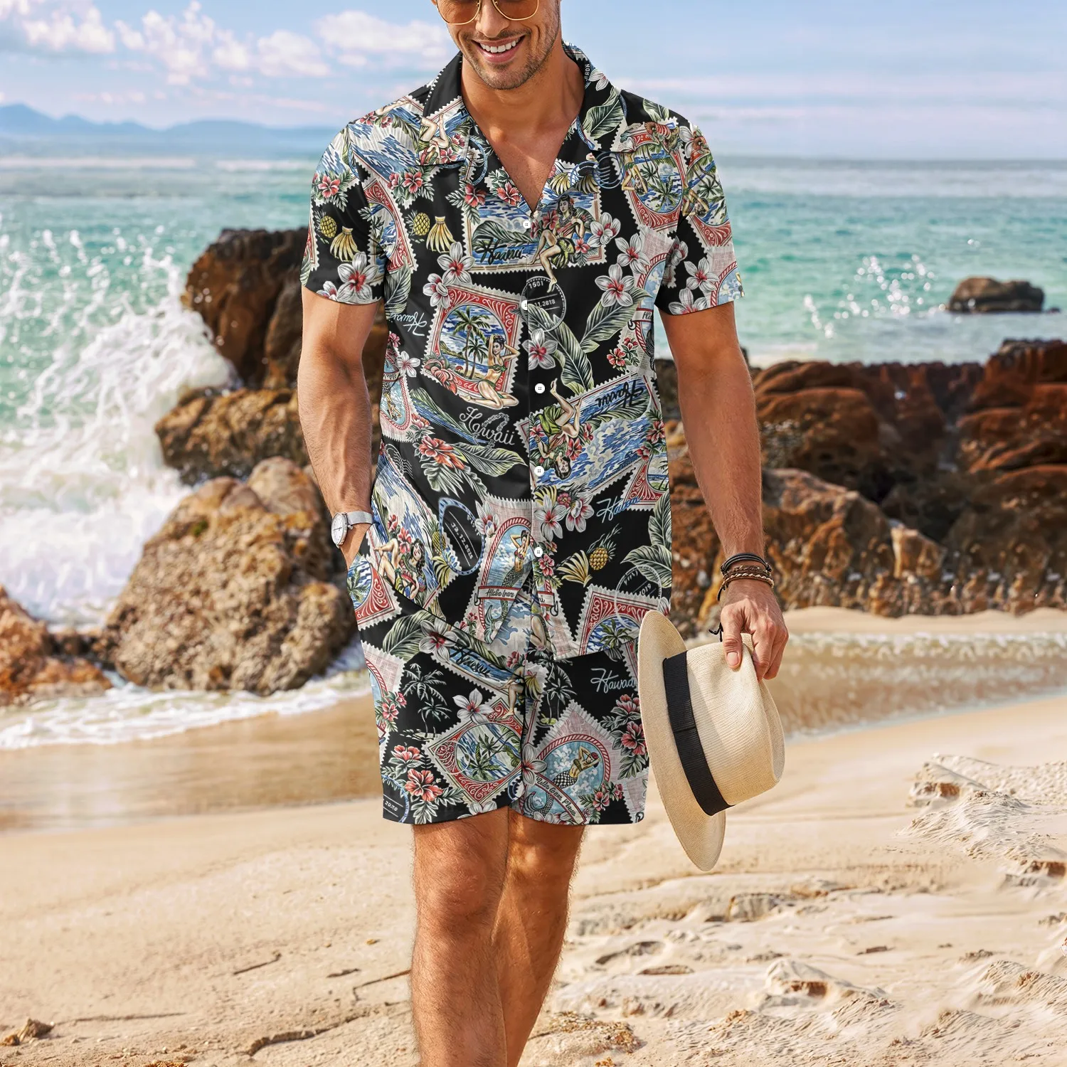 Men's Light Business 2024 New Fashion Trend Leisure Versatile High Quality Hawaiian Cuban Collar Shirt Shorts Set MB34+MA04