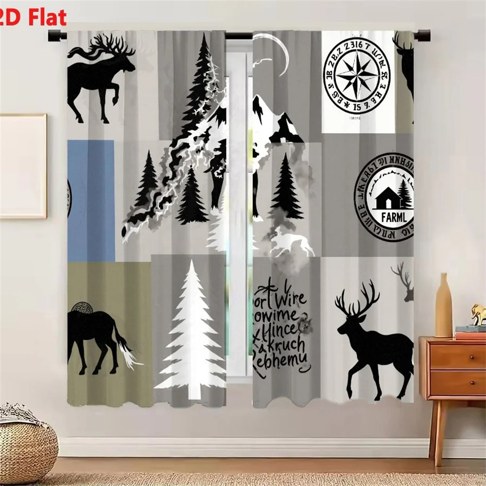 2Pcs Curtains 2D Flat Monochromatic Rustic Nature Collage: Animal Silhouettes (Moose Deer Horse), Mountain Landscape, Compass &