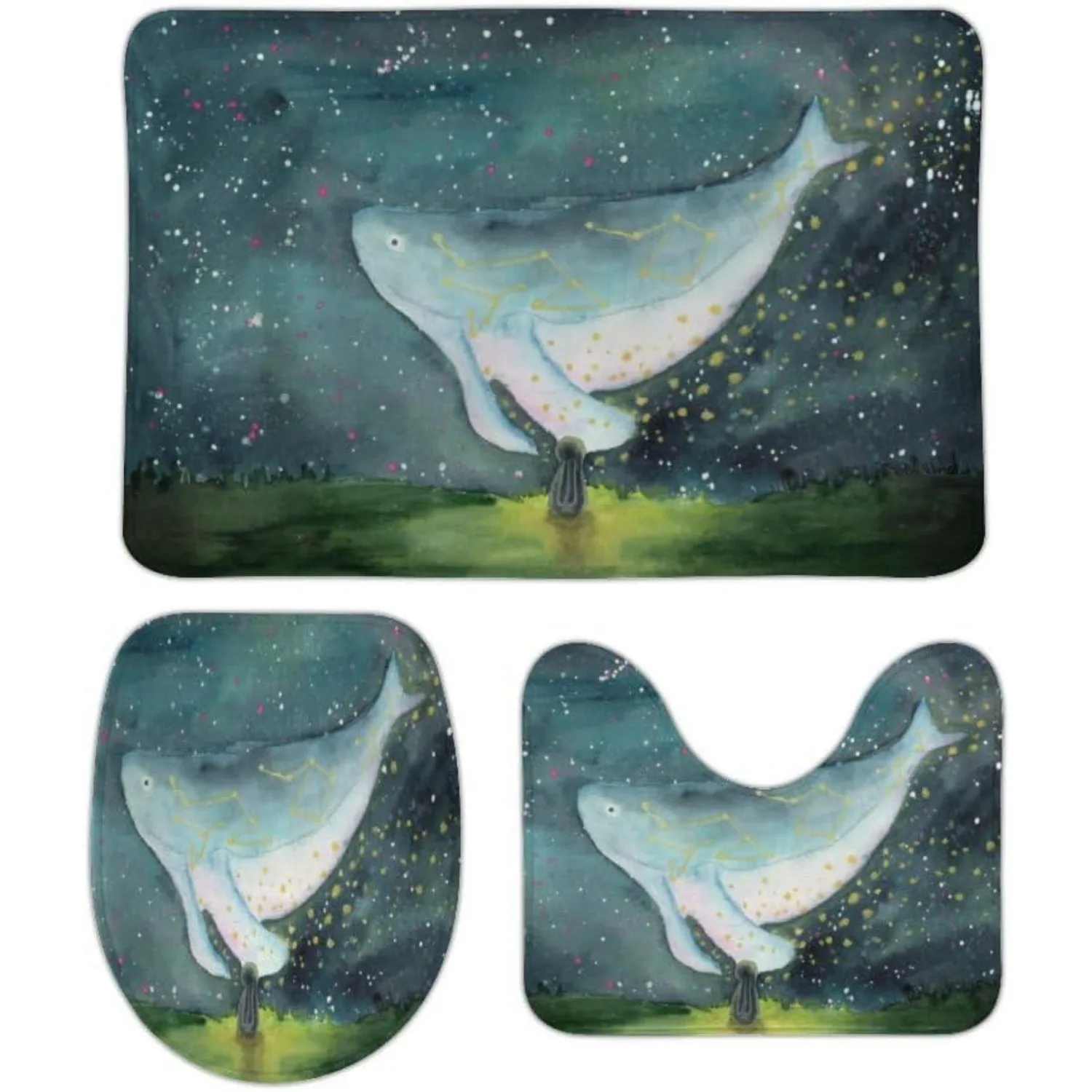 

Наборы ковриков для ванной комнаты на колесах, 3 шт., с чехлом для унитаза, акварельный летающий кит, кролик, наборы ковриков для ванной, контурный ковер, моющийся, нескользящий, мягкий