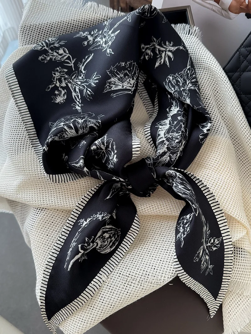 heavyweight-silk-scarf-women's-high-end-small-fragrance-style-black-white-decorative-neck-scarf-silk-shawl