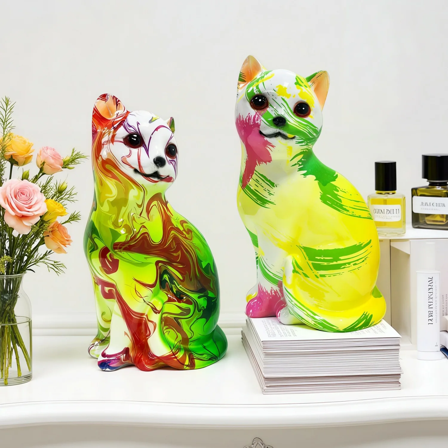 Cute Minimalist Water Transfer Sitting Cat Figurine Resin Statue Home Decor Living Room Study Birthday Gift