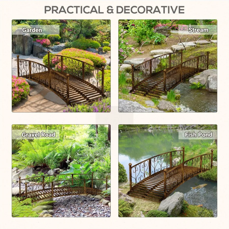 7' Metal Arch Garden Bridge with Safety Siderails Drative Arc Footbridge with Delicate Scrollwork S Motifs for Backyard Creek