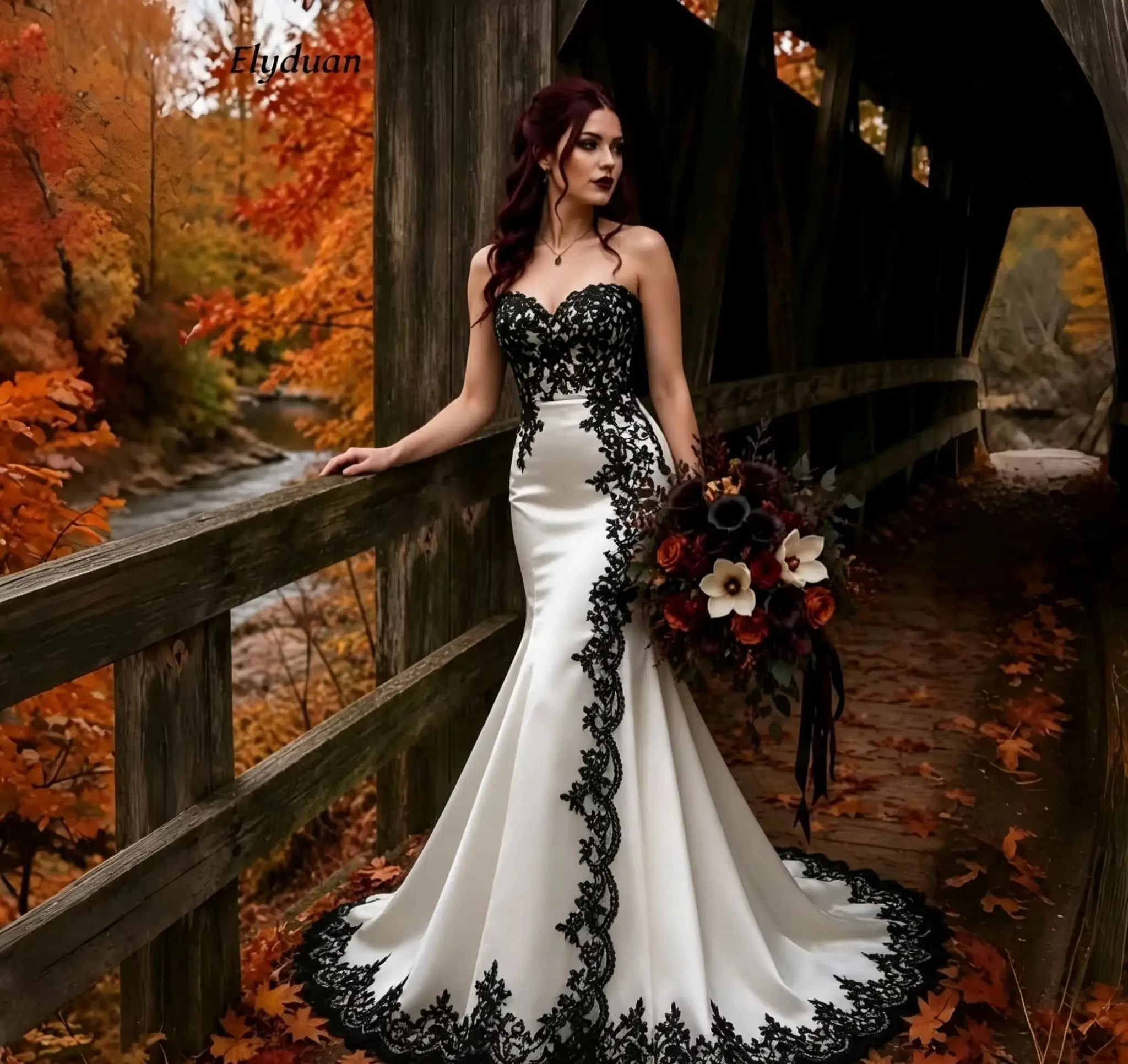 Black And White Wedding Dress Mermaid Gothic Bride Gown Sleeveless Lace Delicate Sweetheart Lace-Up Vintage Robe Customized