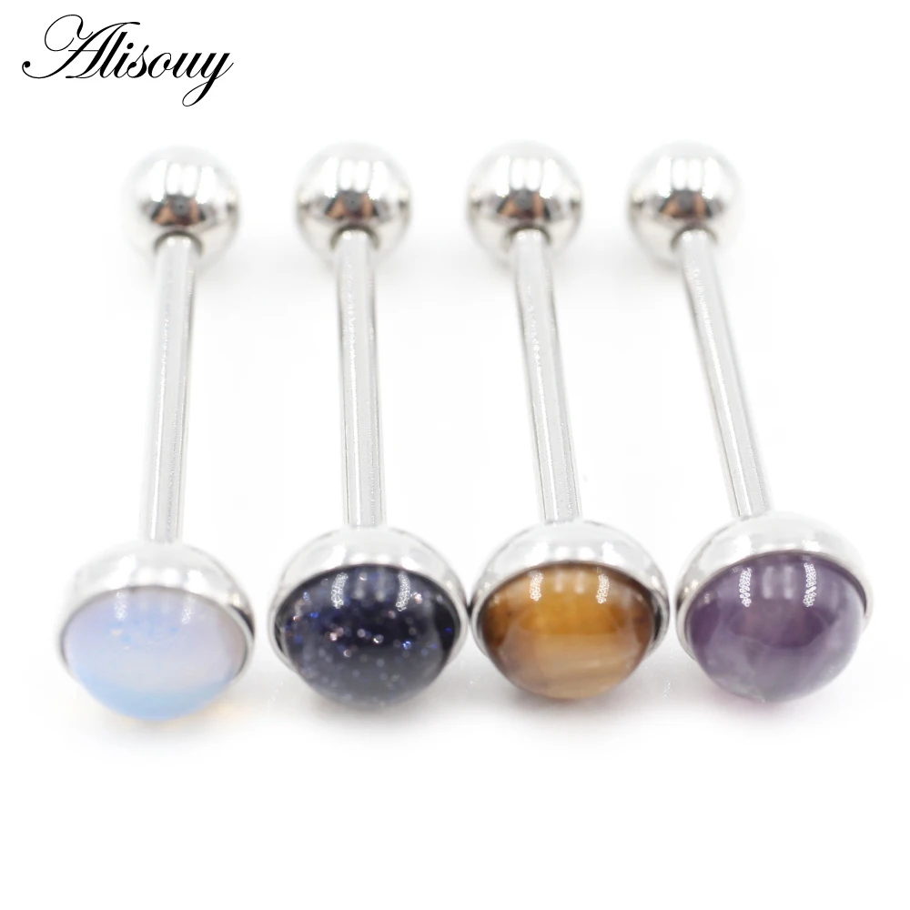 Alisouy 1PC Natural Stone Stainless Steel Ball Tongue Ring Bars Women Men Girls Septum Industrial Barbells Piercing Body Jewelry