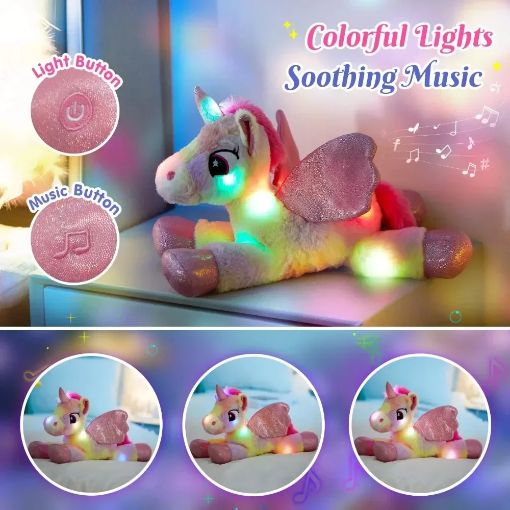 48cm ausgestopfte Regenbogen Einhorn Plüschtiere führte leuchtende musikalische Wurfs kissen Wiegenlied weiche Tiere Puppen Geschenk für Mädchen leuchtendes Spielzeug