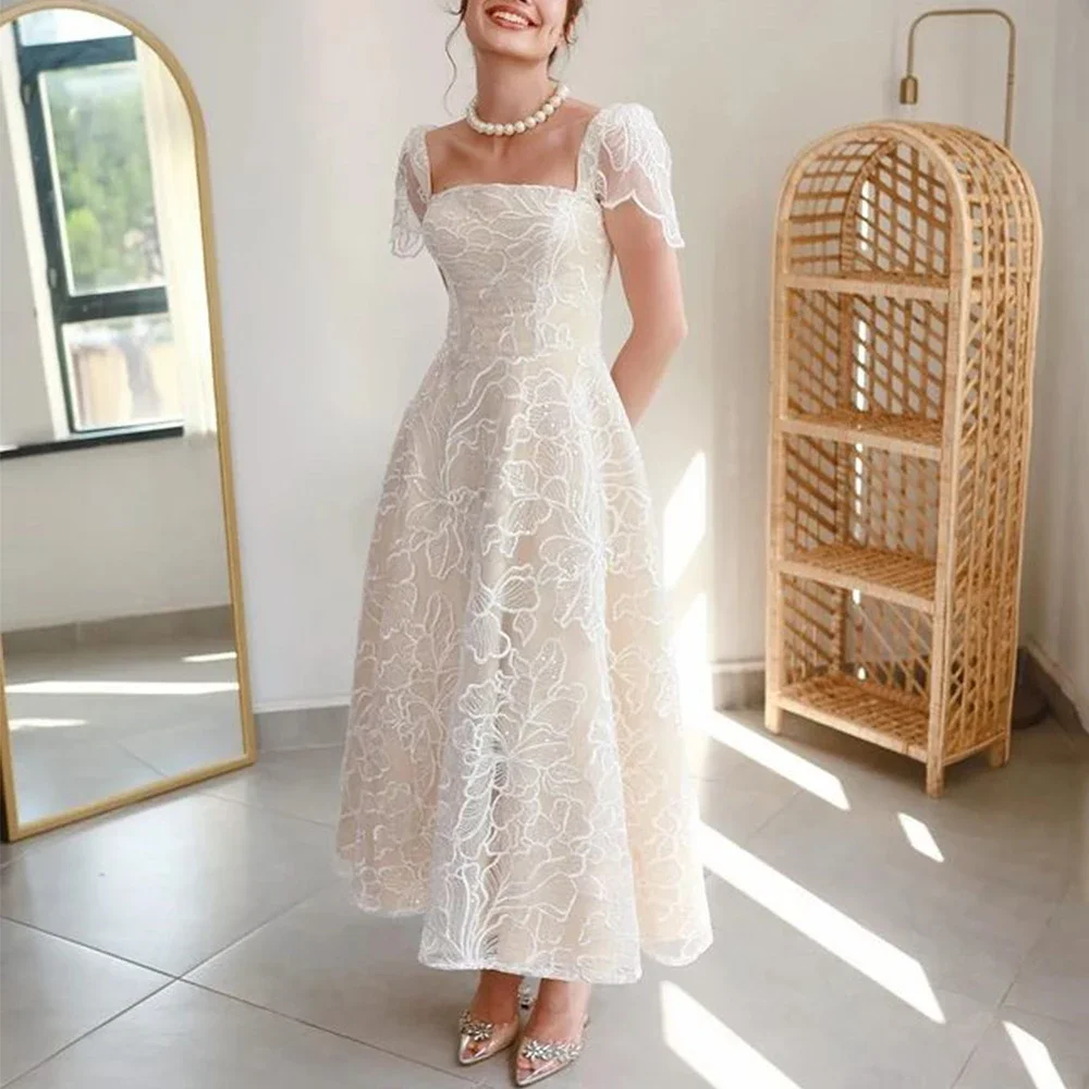 

Flechazo Shiny Flower Lace Evening Dress Square Collar Short Sleeves A-Line Ankle Length Women Prom Gowns Backless Custom Made