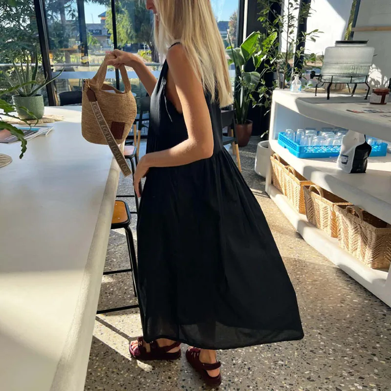 Vestidos Mujer Sexy Deep V Neck Hollow Boho Dress Woman Elegant Embroidered Lace Loose Long Dress Sleeveless Tank Summer Dresses