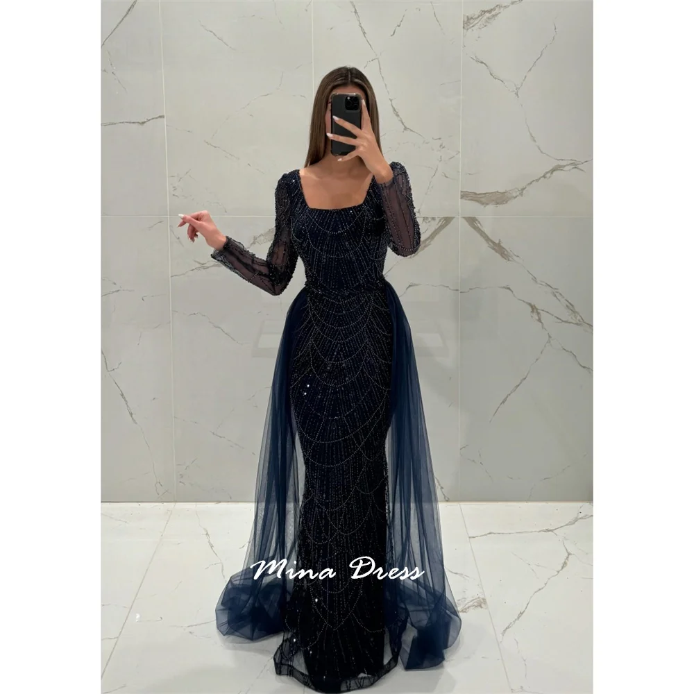 

Mina Customized Gem Prom Dress Long Sleeves Prom Dresses Luxury Square Leader Evening Dresses Woman Elegant Tail Party 2025 Gala