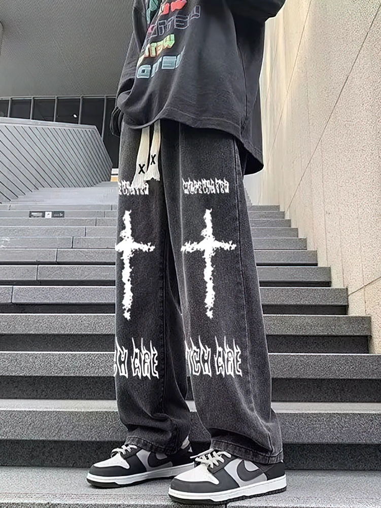 Streetwear Y2k Printed Black Denim Baggy Pants Men Straight Oversize Casual Wide leg  Jeans Korean Hip hop Drawstring Sweatpants