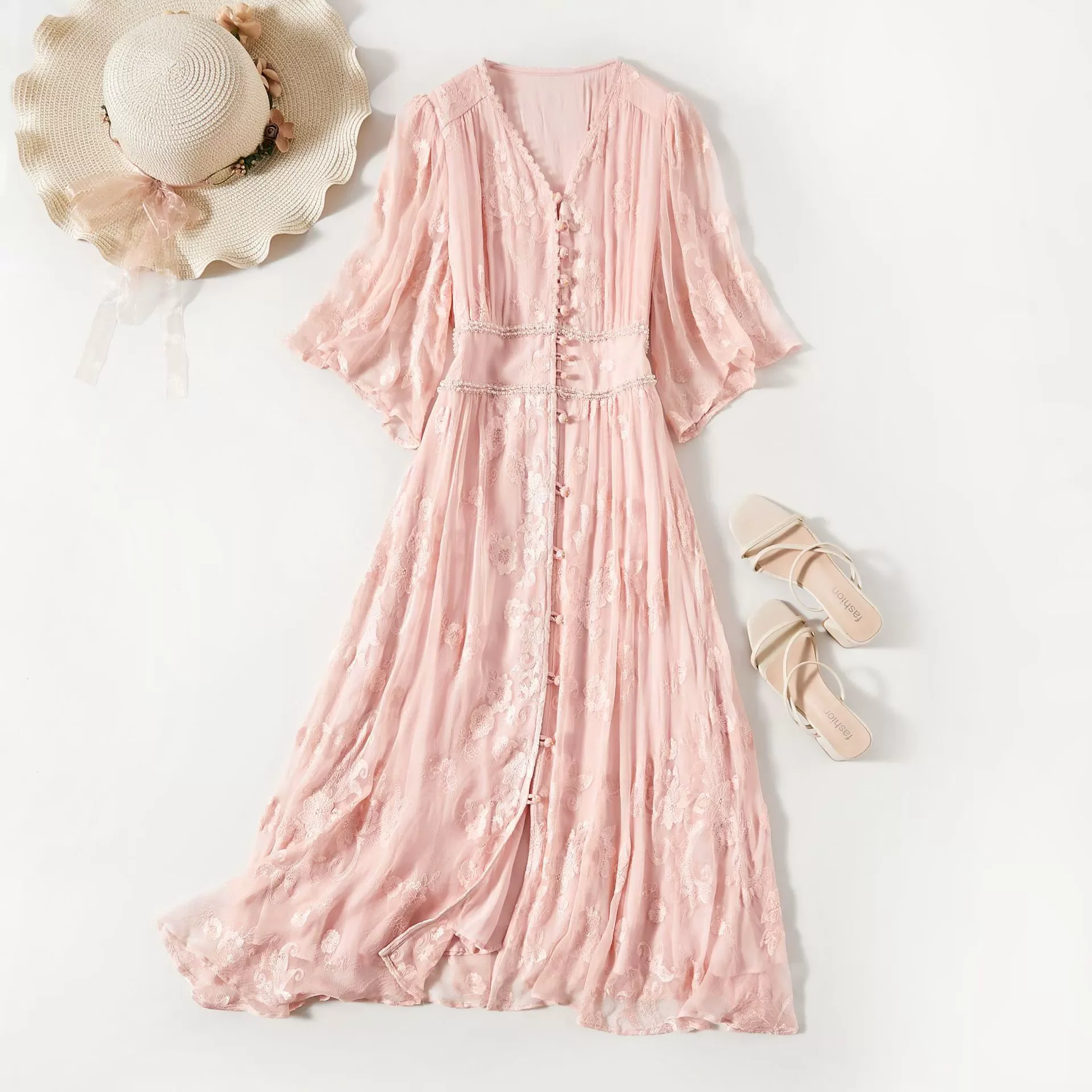 pink silk dress vintage 1970's Pale Slip with Ruffle  Eveliina low Hem Length 1930's Pink Silk Wrap Dress