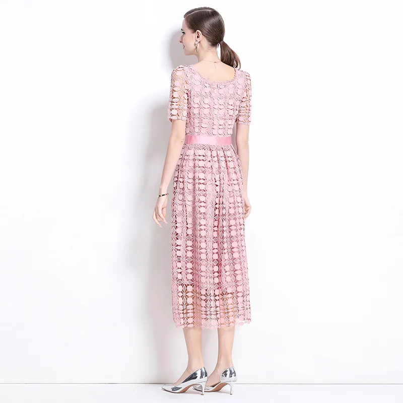 Vestido Midi e de encaje Soluble, diseño Original, falda acampanada adeazante, tejido de poliéster, manga corta