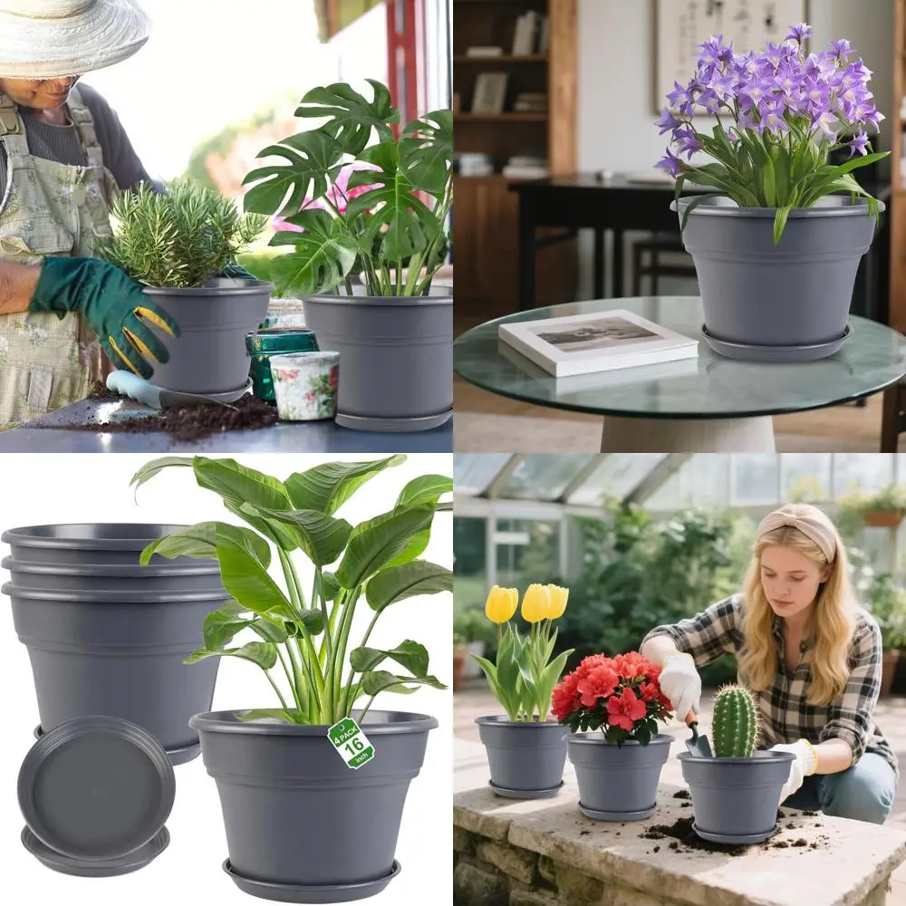 

Набор из 4 больших пластиковых кашпо диаметром 16 дюймов с дренажем для использования в помещении и на улице