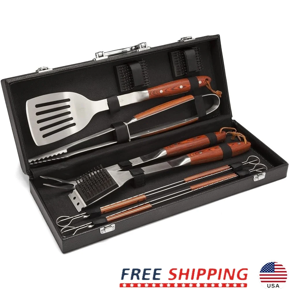

Premium 10-Piece Grilling Set Stainless Steel BBQ Accessories Chef Spatula Tongs Fork Skewers Brush Grill Tools Heavy-Duty