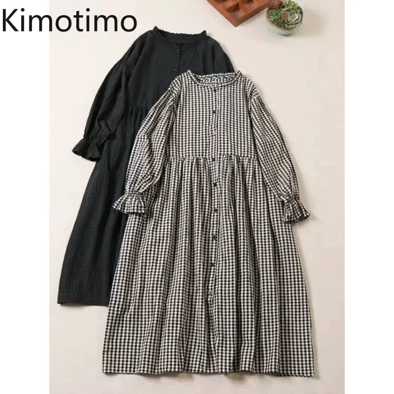 Kimotimo Japanse Mori Meisjes Plaid Shirt Jurk Vrouwen Lente Herfst Losse Schimmel Stand Kraag Casual Lange Mouw Jurken Vintage