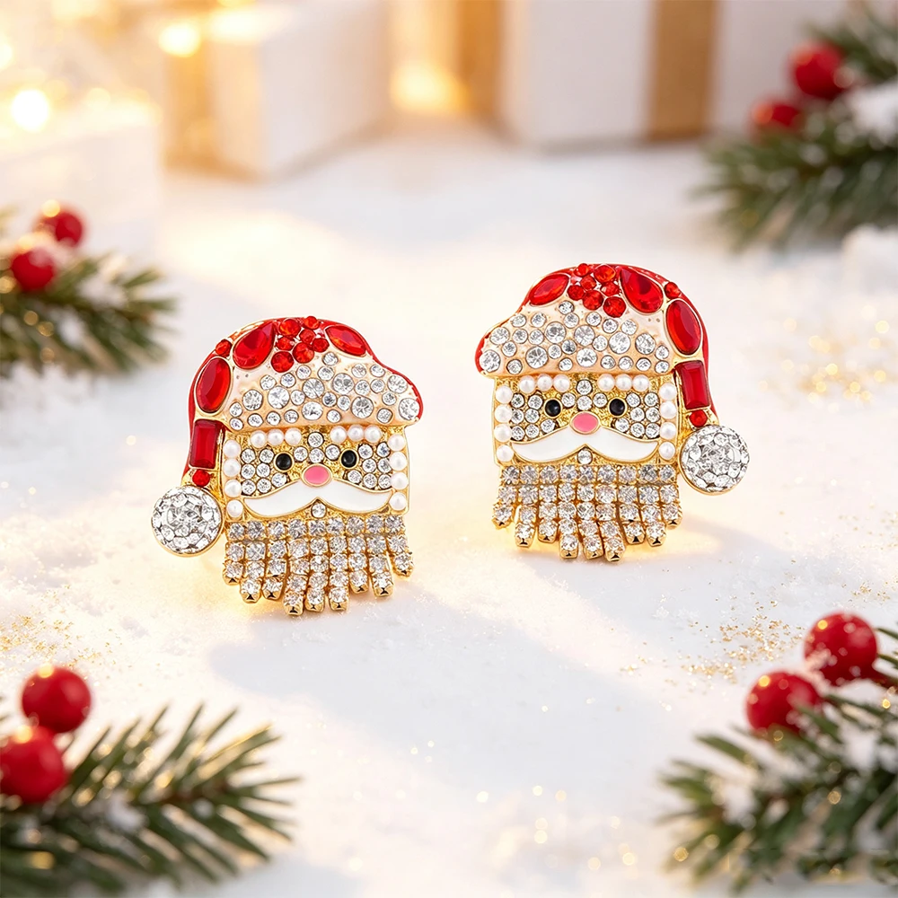 Christmas Santa Claus Stud Earrings for Women Sparkling Rhinestone Tassel Dangle Earrings Holiday Party Jewelry Gift