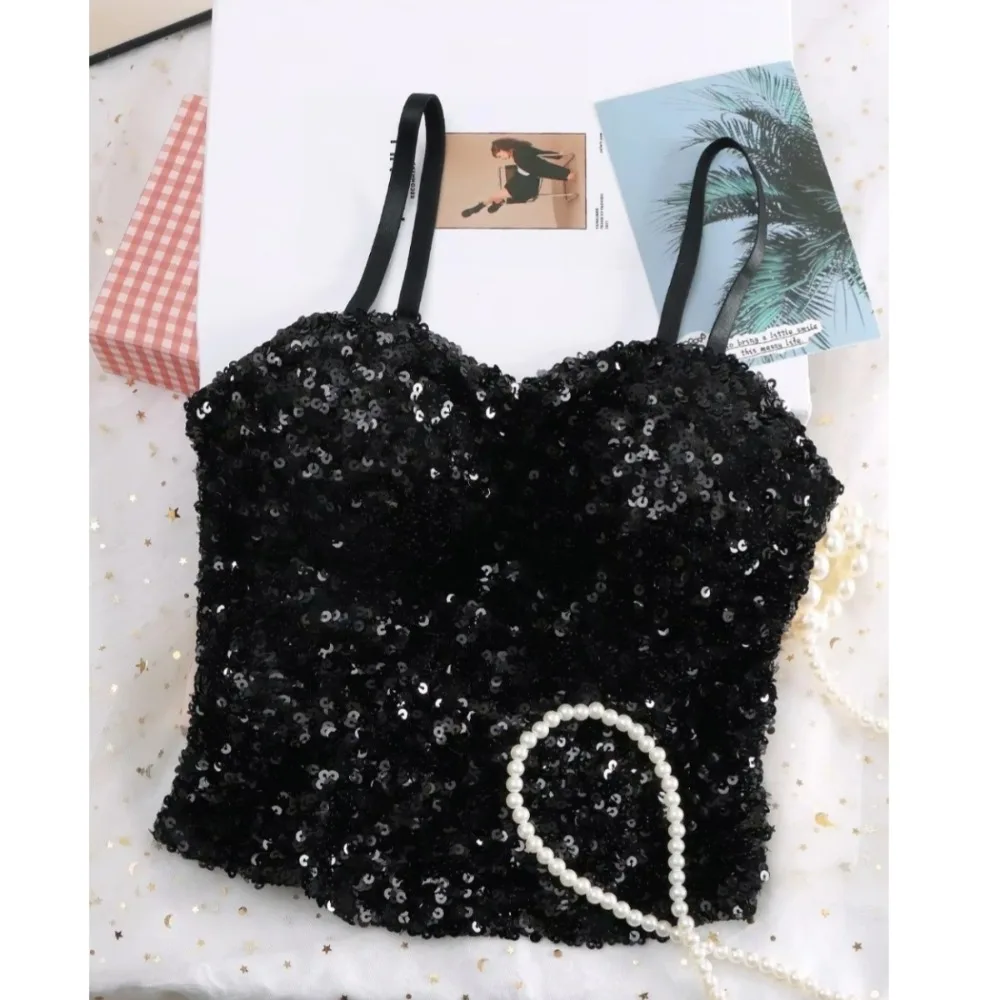 Shiny Sequin Sequin One-Piece Tank Top Fixed Wrap Chest High Elasticity Backless Vest Short Underwear Base Layer Vest Top Summer