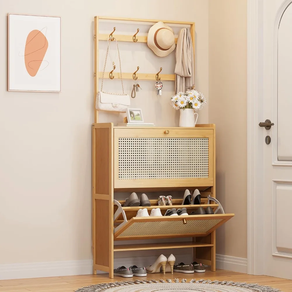 

Bamboo shoe cabinet with hangers, 2 breathable clamshell drawers, shoe locker, entrance shoe rack, rattan home style