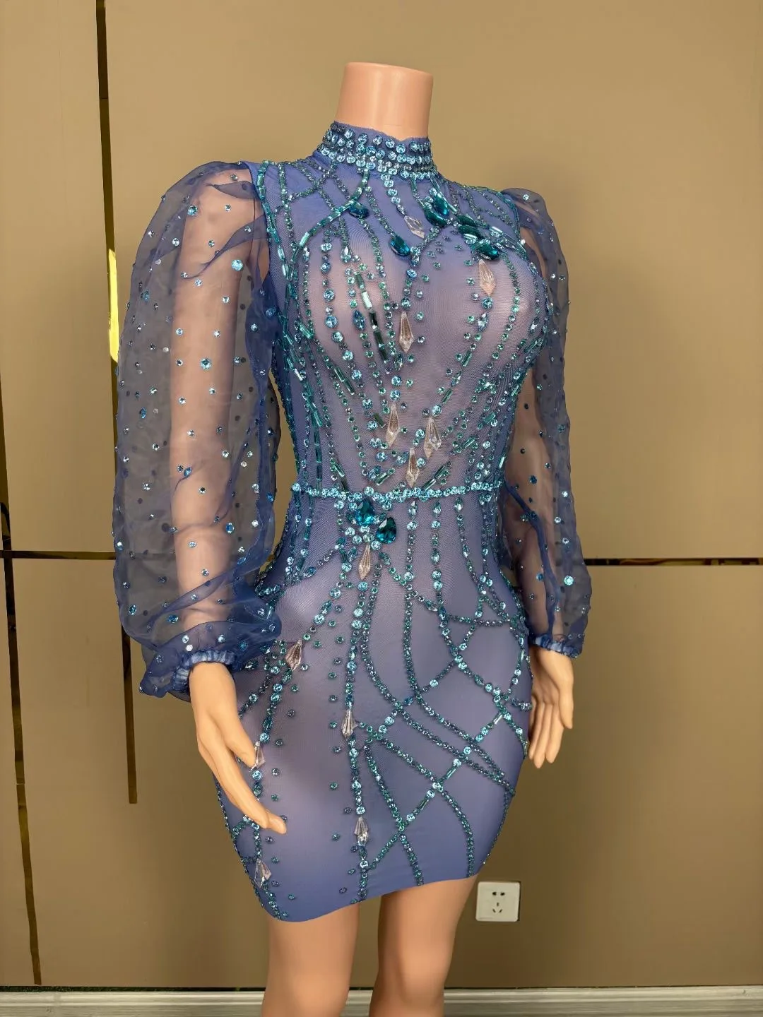 ประสิทธิภาพสีฟ้า Rhinestone แขนฟองชุดไนท์คลับปาร์ตี้ Vestido De Fiesta Grad Kleider สําหรับรองรับ