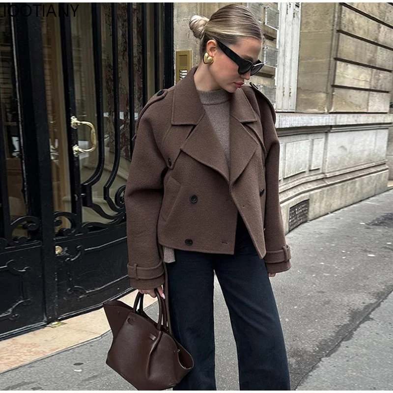 Women's Solid-colour Short Trench Coat With Tie-front Double-breasted Long Sleeves 2026 Fashion Street Style Lapel Wool Coat
