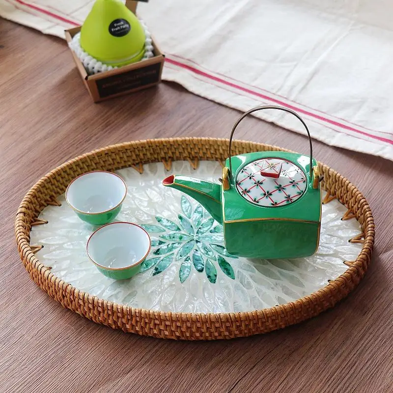 

Handmade rattan shell tray, fruit tea tray, snack bread basket, household living room desktop storage tray, oval