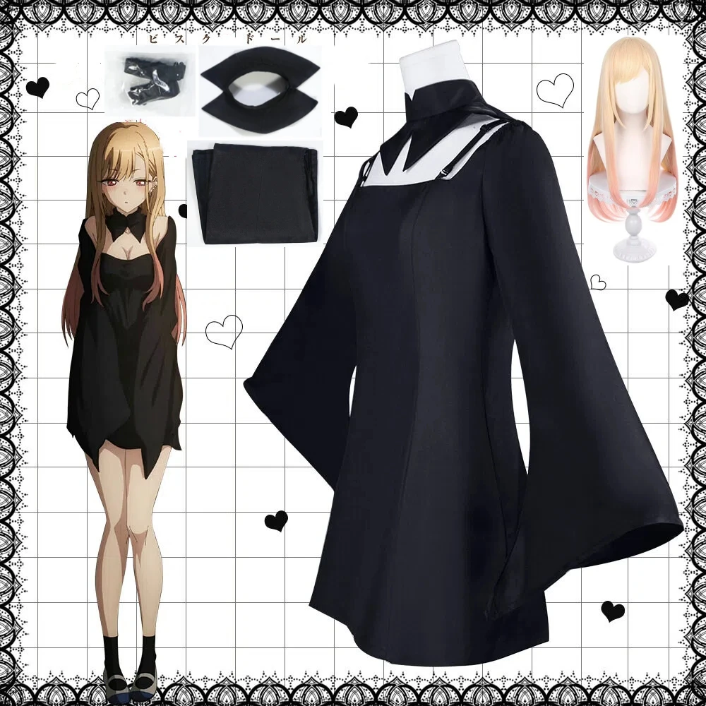 

Anime Kitagawa Marin Cosplay Set with Wig Strap Black Dress My Dress-Up Darling Cosplay 2D Anime Costume for Halloween Comic Con