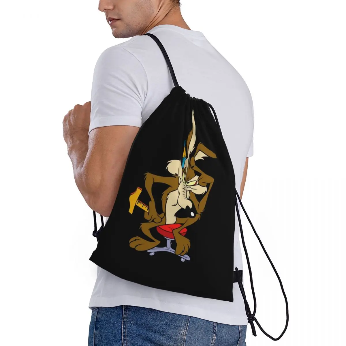 Custom Wile E. Coyote And The Road Runner   Anime Drawstring Backpack Women Men Gym Sport Sackpack Portable Training Bag Sack