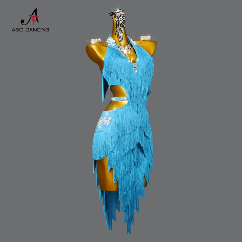 Latin Dance Fringe Jurk Blauwe Sexy Korte Rok Voor Vrouwen Ballroom Performance Vrouwelijke Kleding Gratis Verzending Aanpassen Praktijk