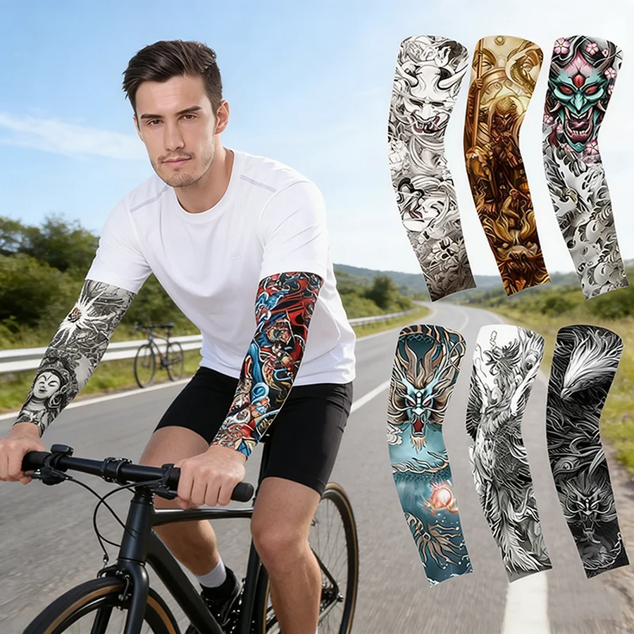 8pcs Men Long Summer Tattoo Sleeves Seamless Armguard Sun Protection Cover Outdoor Gloves Driving Ice Silk Women Arm Sleeves