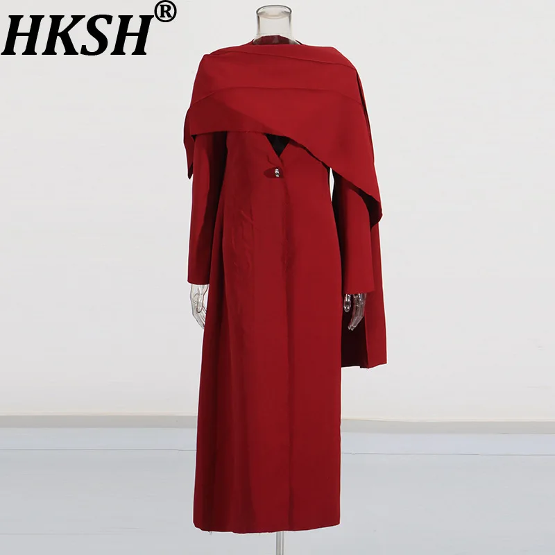 

HKSH Autumn New Women Long Trench Coat V-neck Single Button Niche Spliced Shawl Elegant Temperament Chic Ins Windbreaker HK11093