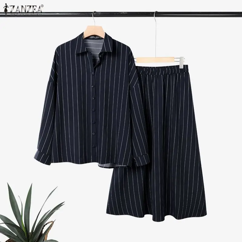 

Fashion ZANZEA Striped Women Dress Sets Summer Spring Long Sleeve Tops Long Skirts Streetwear 2PCS OL Party Two-piece Outfits