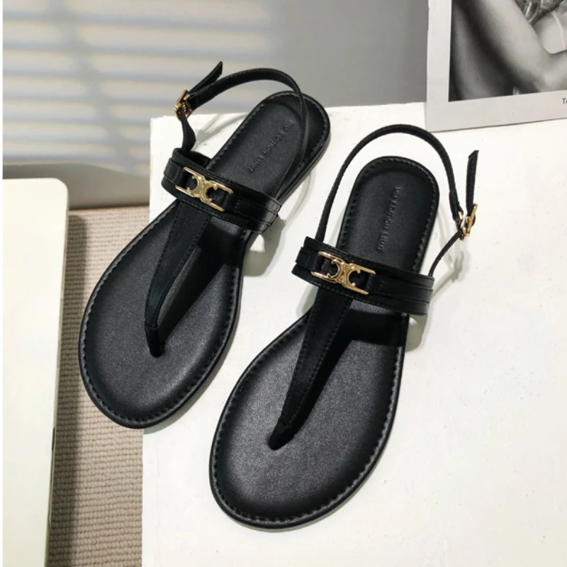2025 summer new T straps simple sandals flat heel clip toes Roman flat outside wear sandals women image 3