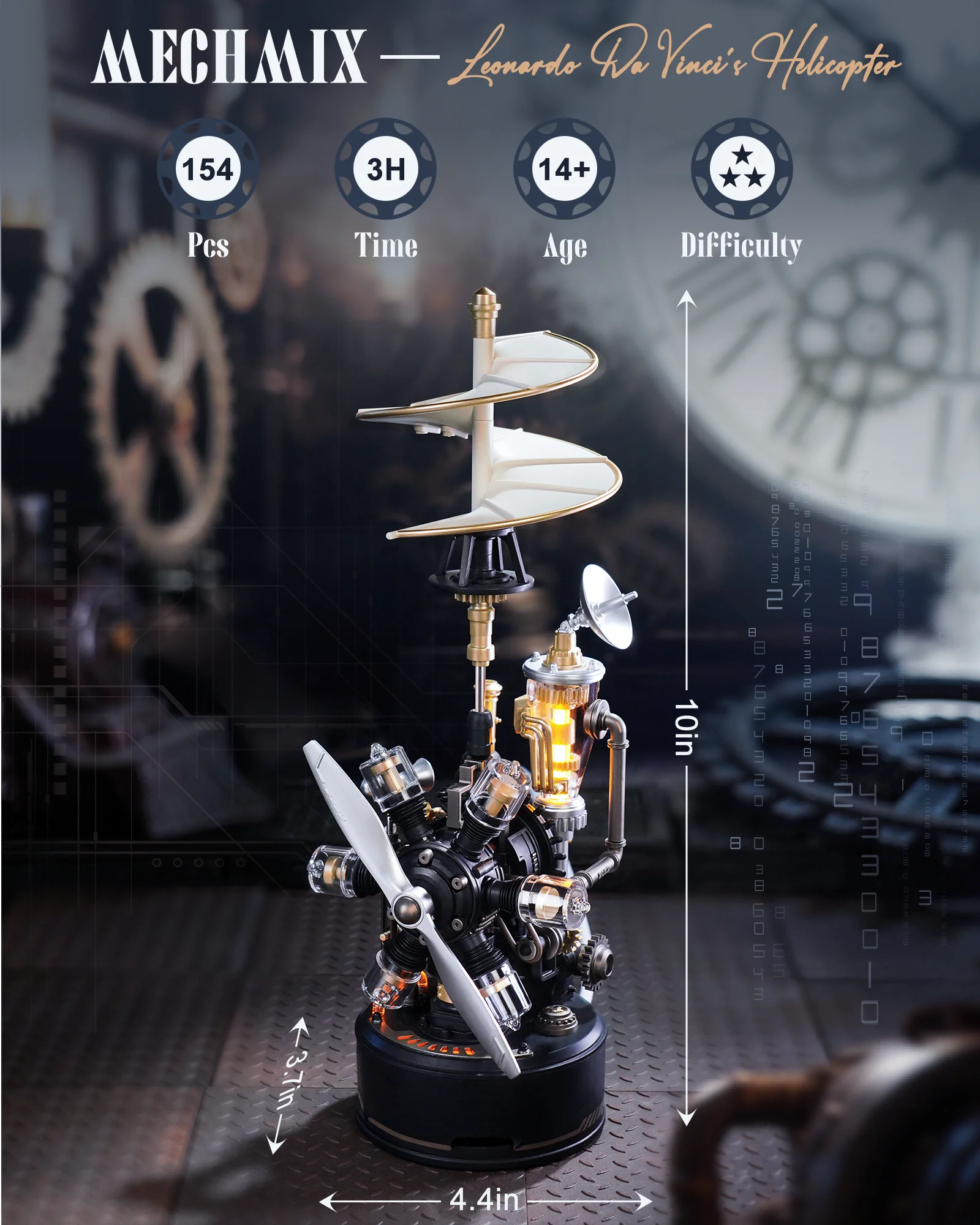 ROKR Da Vinci Helicopter CGL01 – A mechanical 3D puzzle with wireless audio-visual interaction, an adult steampunk desktop model view 2