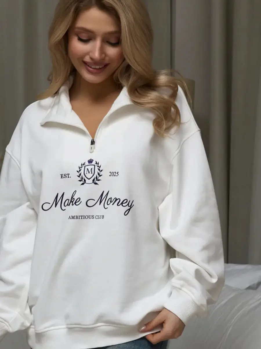 Felpa con colletto rovesciato con zip maglione bianco con grafica distintivo retrò americano Felpa ampia di grandi dimensioni autunno alla moda College Lady Hip Hop