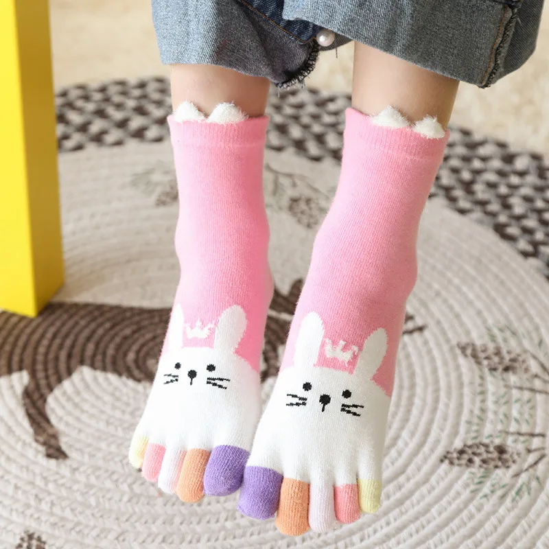 Cute Socks with Fingers for Children Boys Girls Five Fingers Toe Socks Cartoon Animals Kids Cotton Split Thumb Socks 3-7T Spring