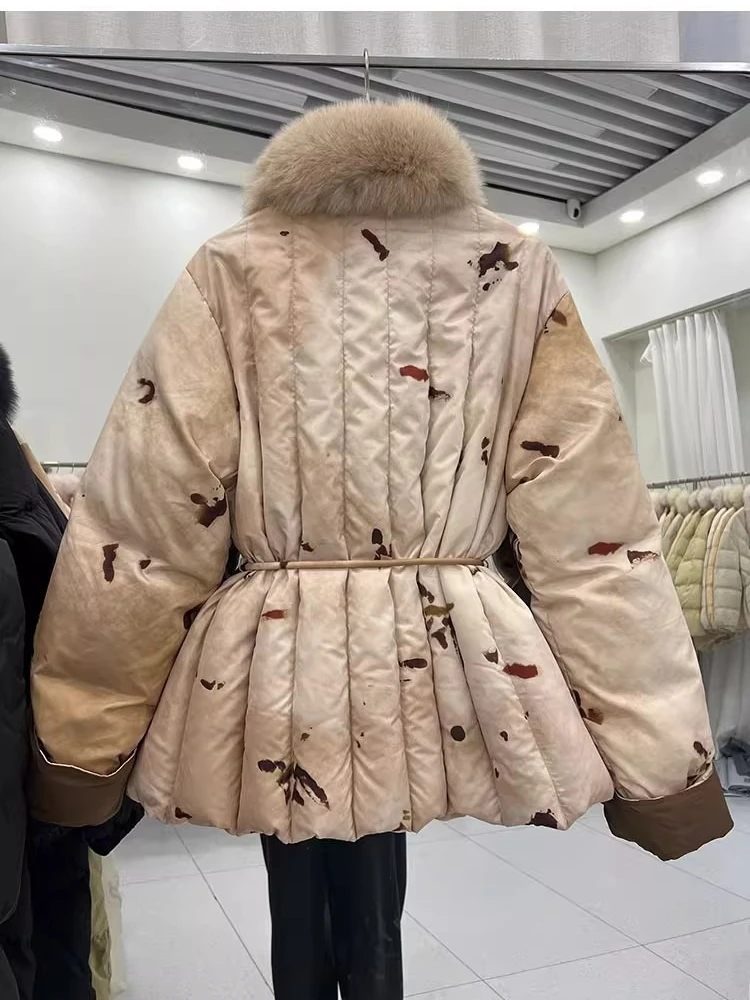 เสื้อแจ็คเก็ตดาวน์วินเทจตัดกัน แต่งลูกไม้ช่วงเอว ความยาวปานกลาง สไตล์พาร์คเกอร์สำหรับผู้หญิง แต่งขนจิ้งจอกที่คอ เย็บด้วยขนเป็ดขาว