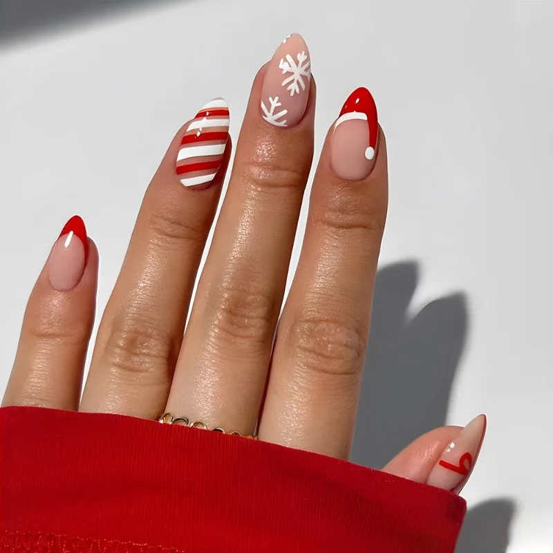 

24Pcs French Medium Short Almond False Nails with Glue Santa Hat Red White Striped Snowflake Christmas Press on Acrylic Nails