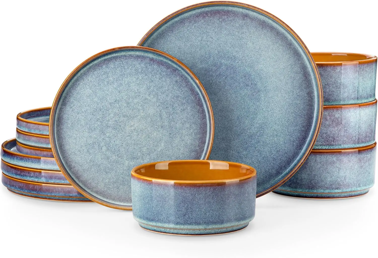 

12-Piece Blue Ceramic Dinnerware Set for 4, Reactive Glaze Plates and Bowls, Dishwasher & Microwave Safe