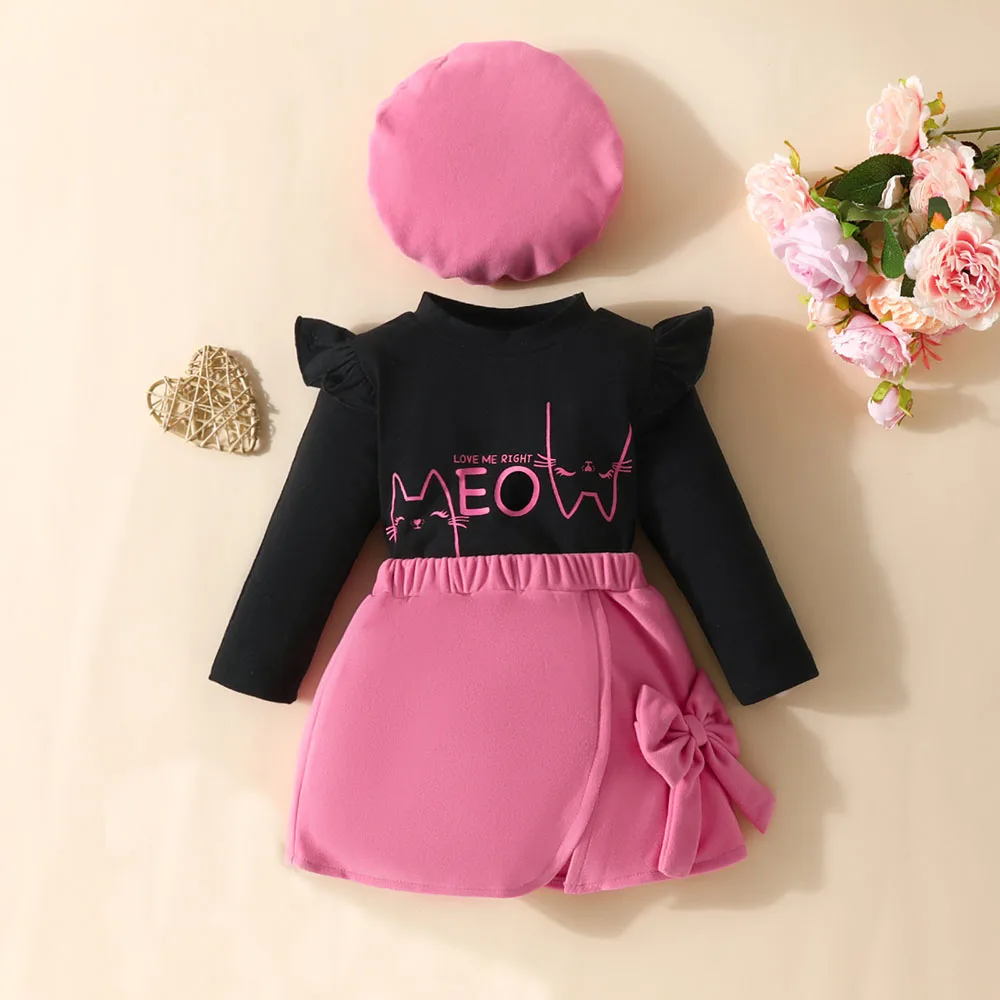 

3pcs Autumn kids girls Clothes Long Sleeve Cat print Tops bow Skirt with beret Toddler baby outfit Set