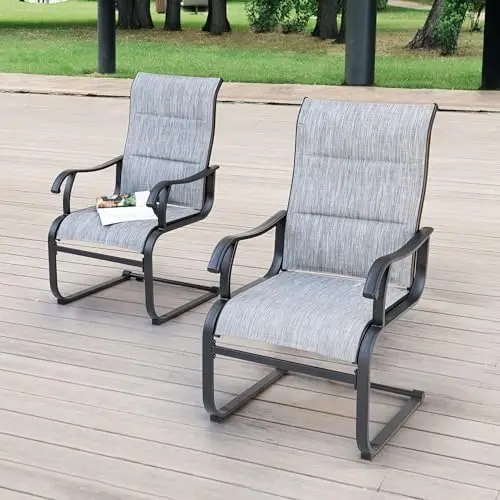 Set of 2 Patio Dining Chairs All Weather Outdoor Padded Textilene Chairs with High Back and Spring Motion Design