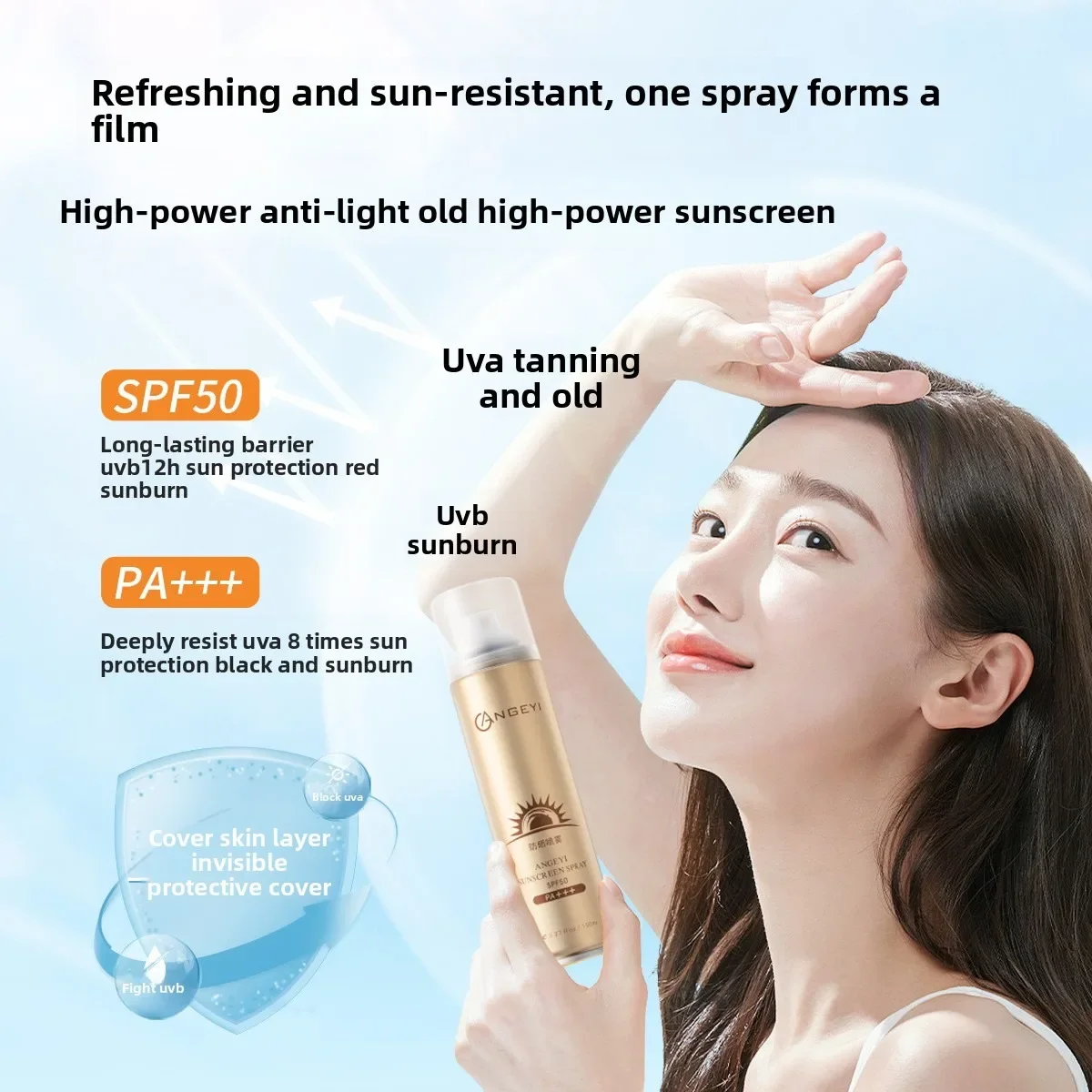 بخاخ واقي من الشمس للزجاجة الذهبية الصغيرة: تركيبة أنيسان، SPF50+، مضاد للعرق، حماية عالية من الأشعة فوق البنفسجية للجسم