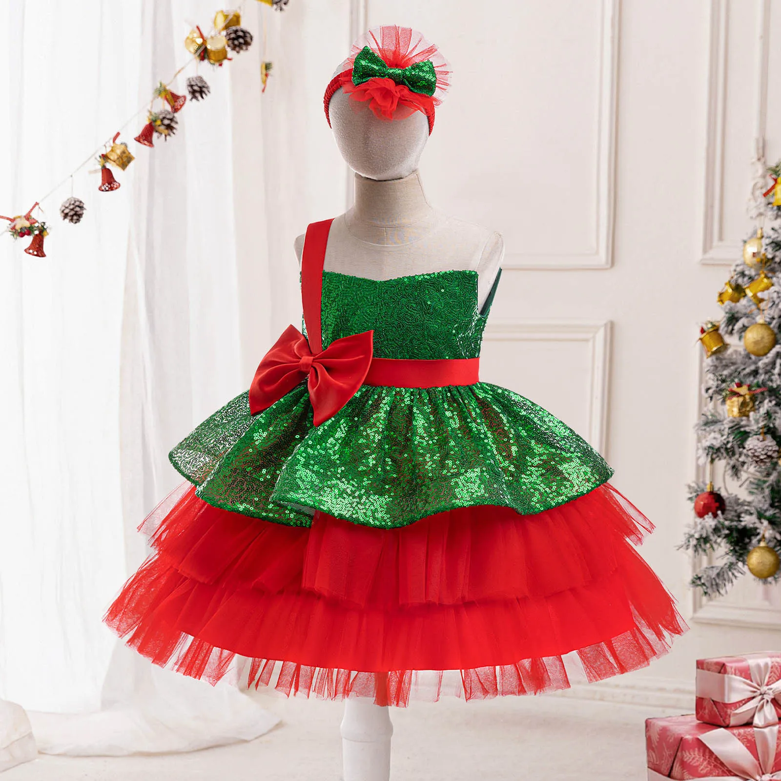 

Striped Bow Christmas Dresses for Girls Elegant Fluffy Tulle Cosplay Costumes Party Girls Princess Red Xmas Dress Birthday Gown