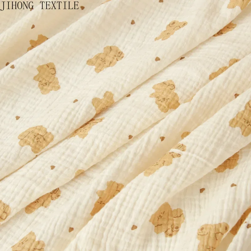 0.5m/1m/3m/5m Cotton Gauze Fabric Khaki Bear Printed Pajamas Nightdress Crepe Cotton Long-sleeved Ins Style Homewear Fabric
