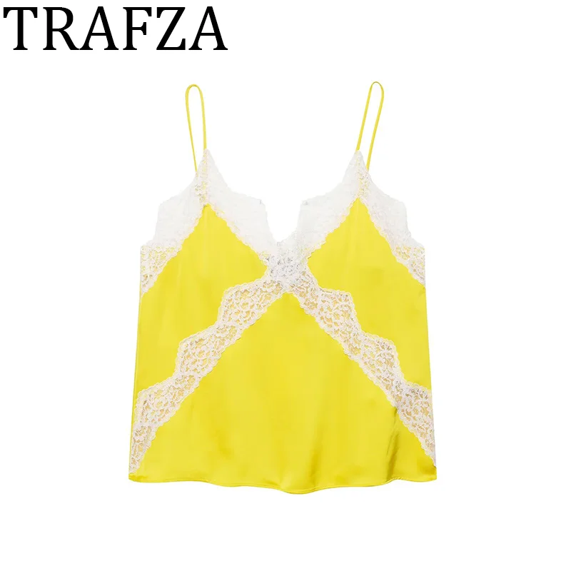 

TRAFZA Woman Lace Camisole Satin Top Women 2025 New Backless Sexy Yellow Tank Top V Neck Crop Top Streetwear Female Vest ﻿