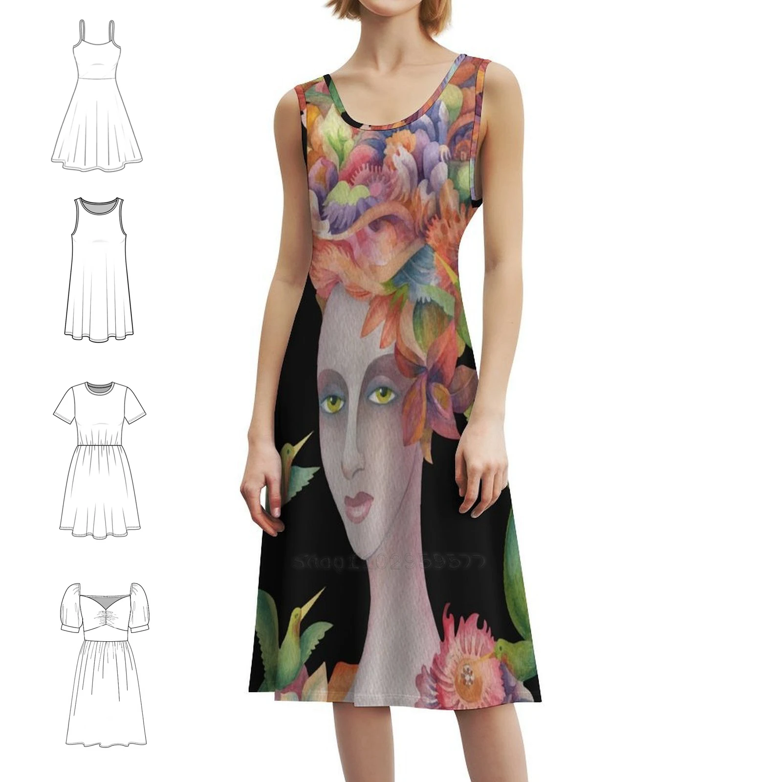 Who'S That Girl ? #4 Floral Smock Dress For Women Spring Summer Casual Dress For Party Watercolor Girl Hummingbirds Flowers