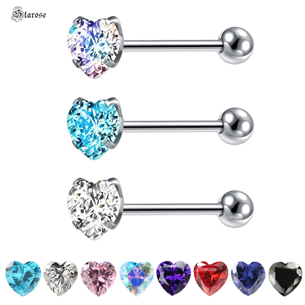 Top 1.6x16x7mm Lake Blue Clear Zircon Heart Tongue Piercing Tongue Rings Pircing Stainless Steel Barbell Piercing Nipple Jewelry