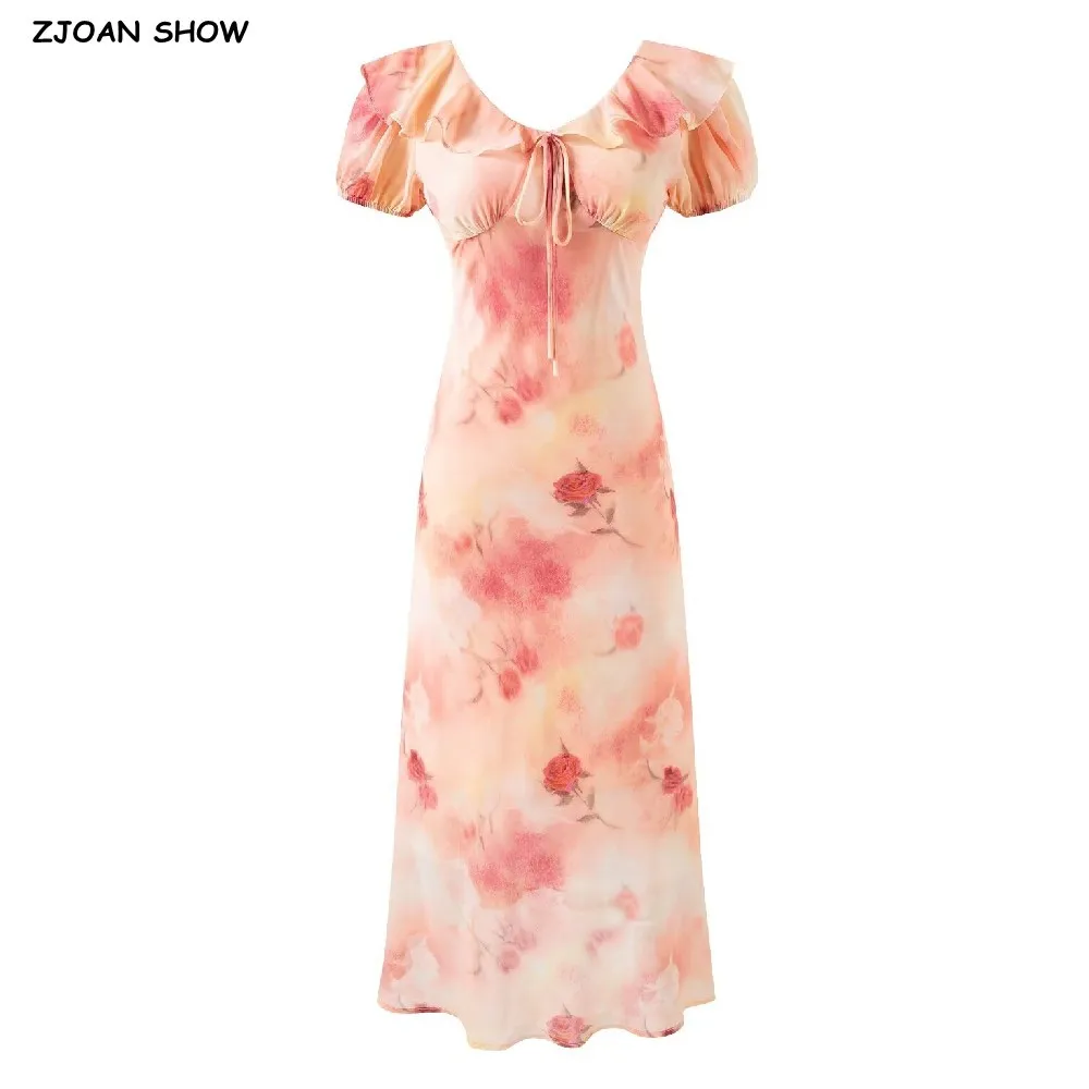 2025 Romantico arancione sfumato stampa floreale volant colletto a V manica a sbuffo abito longuette donna cravatta fiocco telai una linea abiti lunghi veste