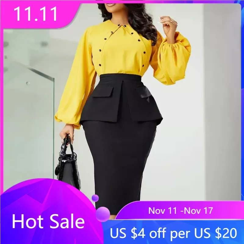 Autumn Fashion Color Matching Two Piece Set Women Elegant Office Ladies Button Lantern Sleeve Shirt Skirt Two Piece Set Women