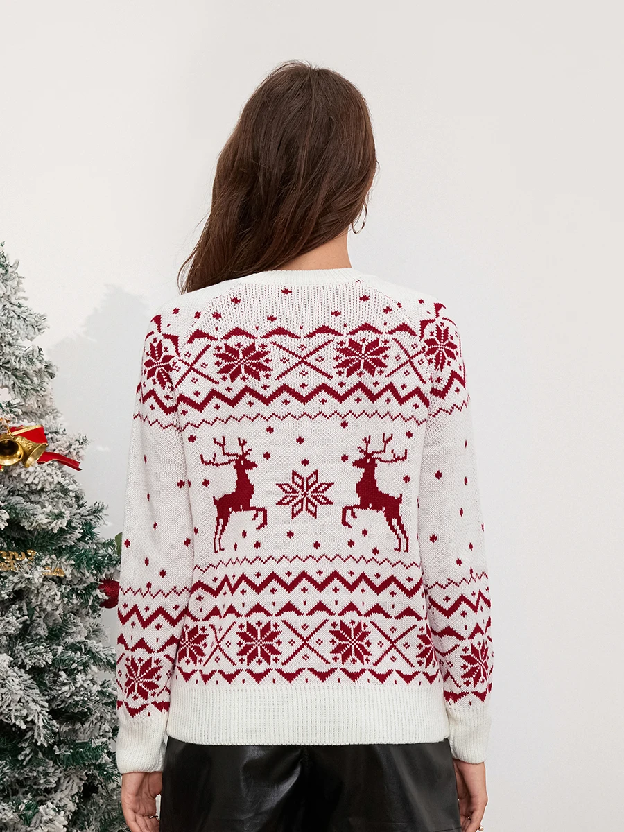 Women Christmas Sweaters Classic Reindeer Snowflake Print Long Sleeve Round Neck Knitted Pullovers Fall Winter Warm Jumper Tops