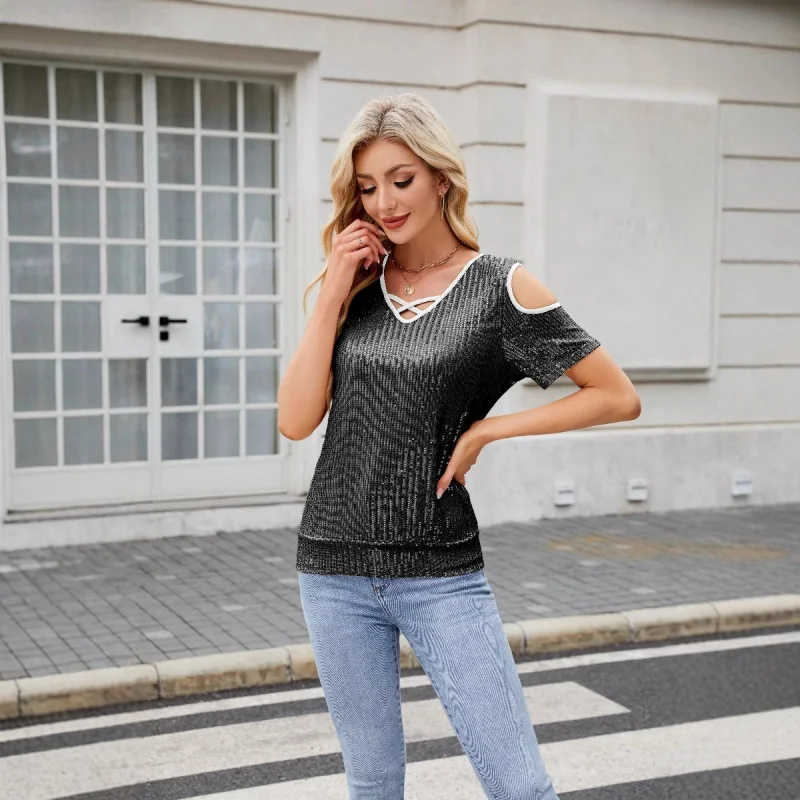 

European American Style2025Spring and Summer New Fashionable Sequins SexyVWomen's off-the-Shoulder Short-Sleeved Shirt