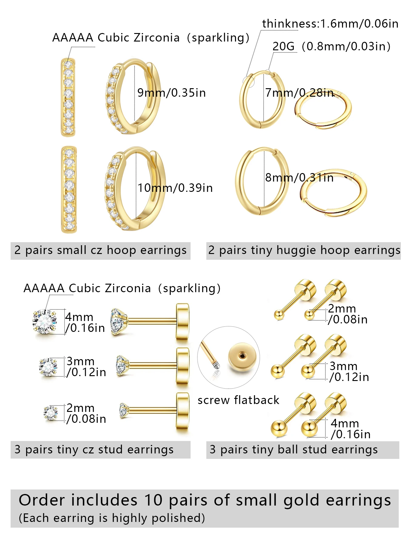 10 Pairs Small Gold Hoop Stud Earrings for Women, 18K Gold Plated Tiny Stainless Steel Earrings Sets for Multiple Piercing image 6